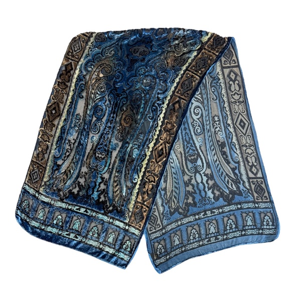 Sonia Rykiel Blue Velvet Burnout Paisley Scarf 🇫🇷 | Silk Blend Evening Shawl - Picture 4 of 11